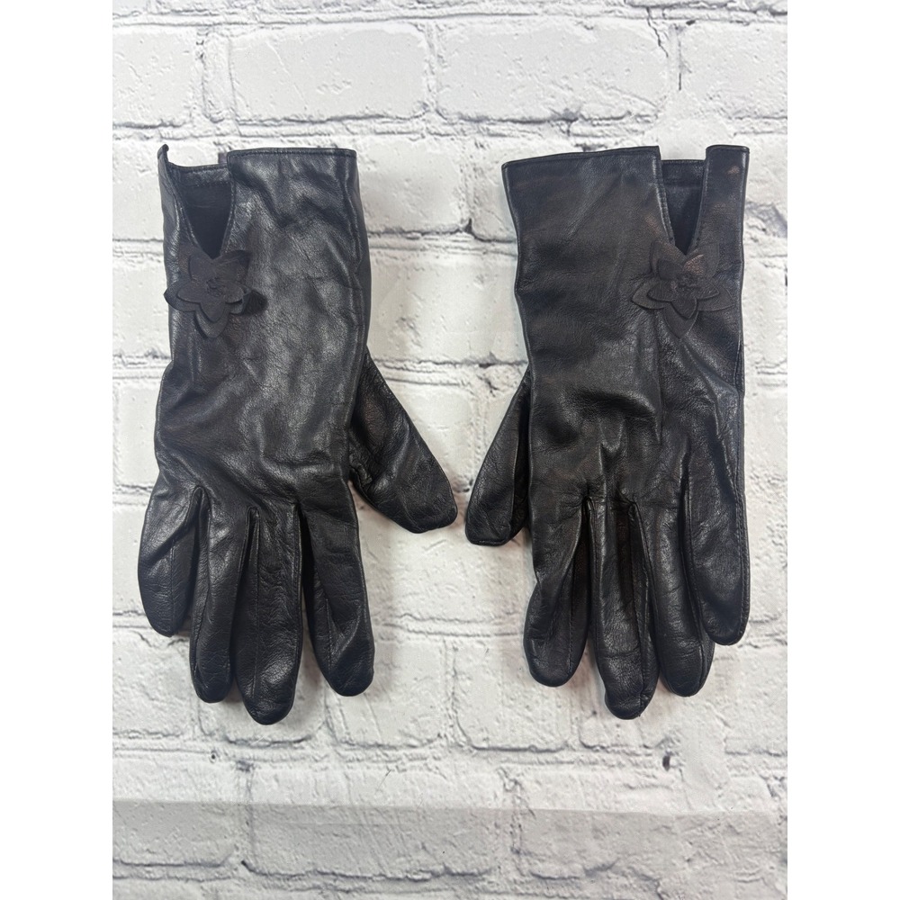 Nine West Leather Gloves Women Large Black Floral Applique Slit Wrist